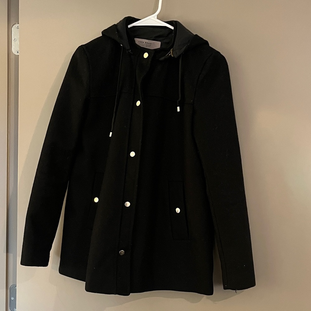 Zara Black peacoat with removable hood with gold buttons